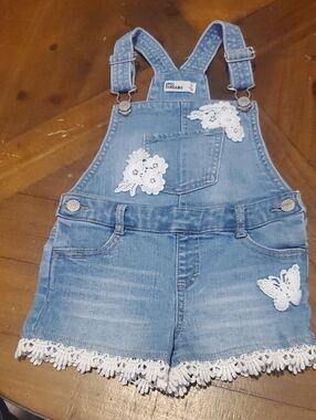 Epic Threads Blue Denim Short Overalls with White Lace Appliques